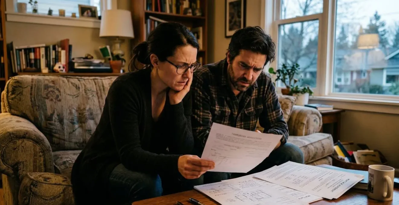 Un couple assis sur un canapé examine des documents immobiliers avec des expressions concentrées, légère tension visible sur leurs visages