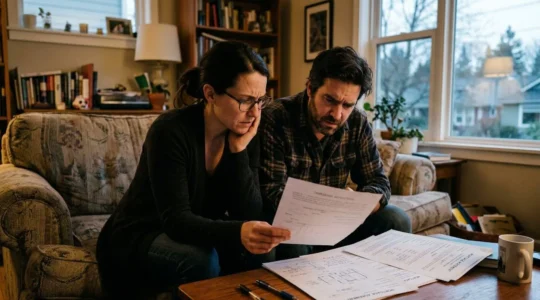 Un couple assis sur un canapé examine des documents immobiliers avec des expressions concentrées, légère tension visible sur leurs visages