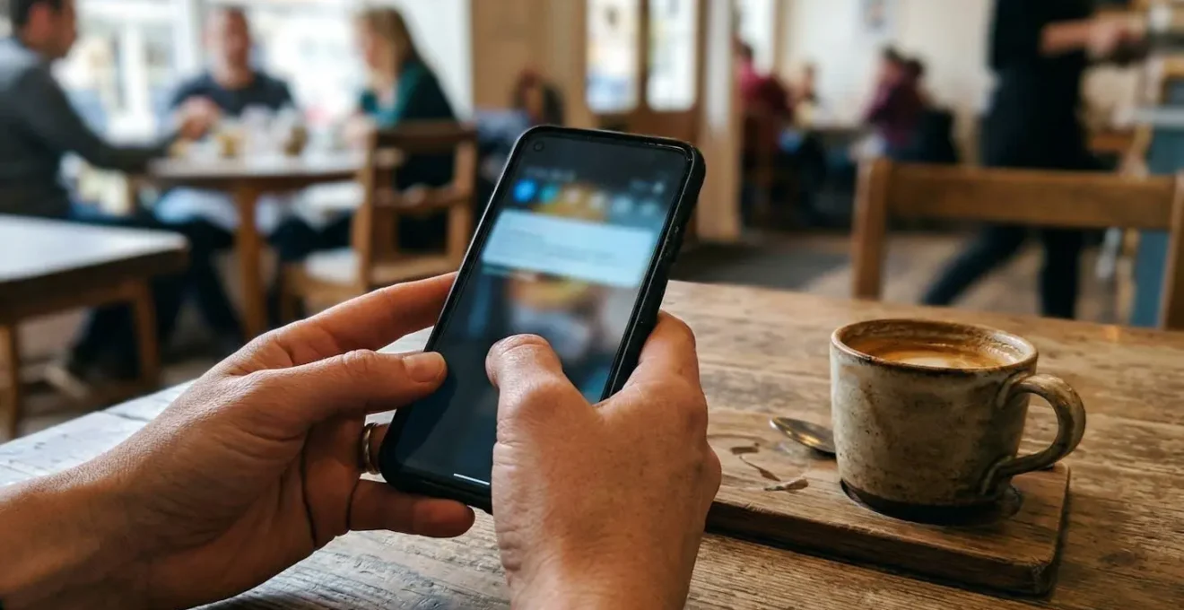 Mains tenant un smartphone avec une notification visible sur un écran flouté, une tasse de café posée à côté sur une table