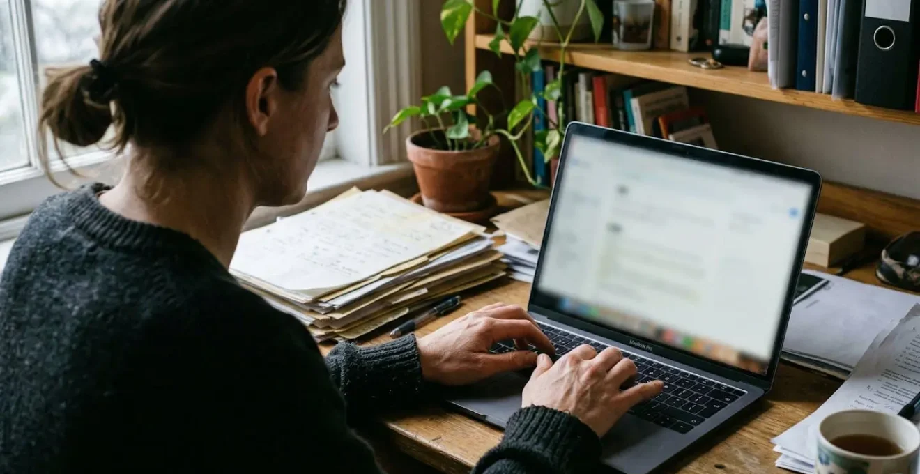 Une personne tape sur un ordinateur portable dans un espace de travail à domicile, des dossiers papier visibles à côté