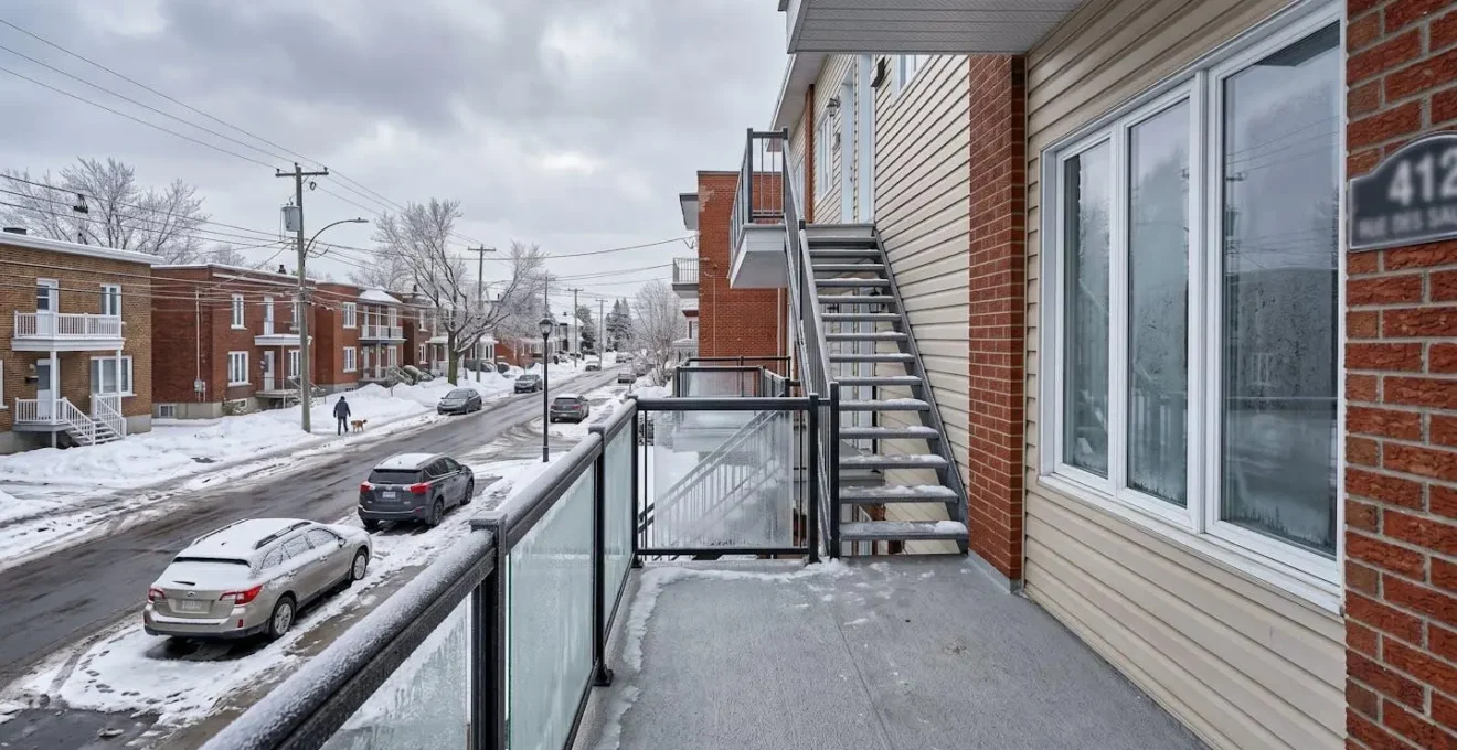 Vue large d'un balcon résidentiel en fibre de verre orienté nord, dans une zone ombragée permanente d'un duplex québécois, avec traces de gel persistant visibles sur la rampe métallique adjacente