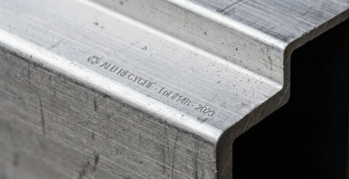 Gros plan sur la texture métallique d'un profilé en aluminium recyclé, surface mate et propre, détails nets de la structure