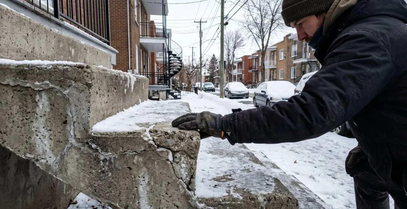 Gros plan d'une main gantée inspectant la surface d'une marche extérieure en béton lisse et usée avant l'arrivée de l'hiver, dans un environnement résidentiel québécois enneigé