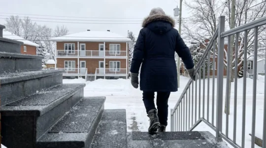 Gros plan d'une main gantée inspectant la surface d'une marche extérieure en béton lisse et usée avant l'arrivée de l'hiver, dans un environnement résidentiel québécois enneigé