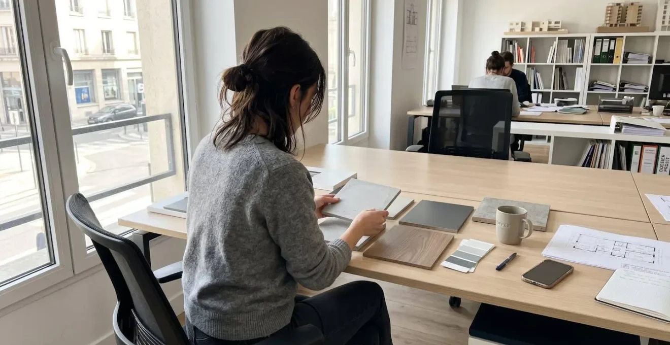 Vue de dos d'une personne examinant des échantillons de matériaux disposés sur un bureau moderne dans un environnement lumineux