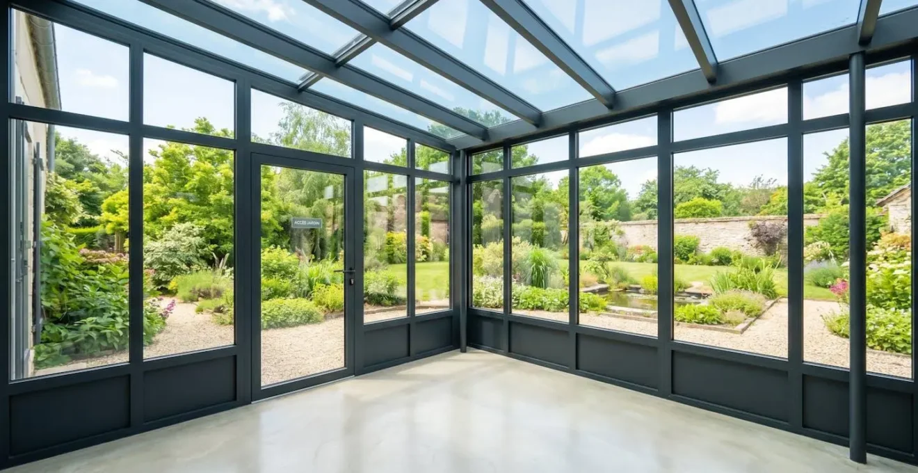 Véranda contemporaine avec structure aluminium et larges baies vitrées, lumière naturelle abondante traversant l'espace vide donnant sur un jardin verdoyant