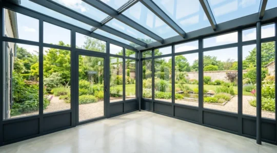 Véranda contemporaine avec structure aluminium et larges baies vitrées, lumière naturelle abondante traversant l'espace vide donnant sur un jardin verdoyant