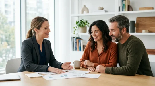 Conseiller en rénovation accueillant un couple pour une consultation personnalisée sur leur projet de rénovation énergétique