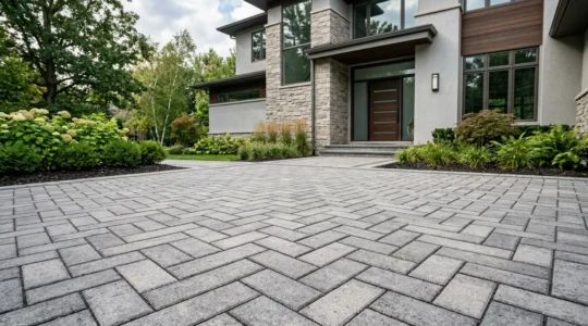 Allée carrossable en pavés béton menant à une entrée de maison moderne