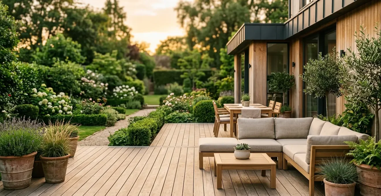 Terrasse en bois élégante avec mobilier extérieur et jardin aménagé mettant en valeur une propriété immobilière