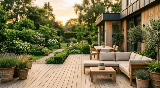 Terrasse en bois élégante avec mobilier extérieur et jardin aménagé mettant en valeur une propriété immobilière