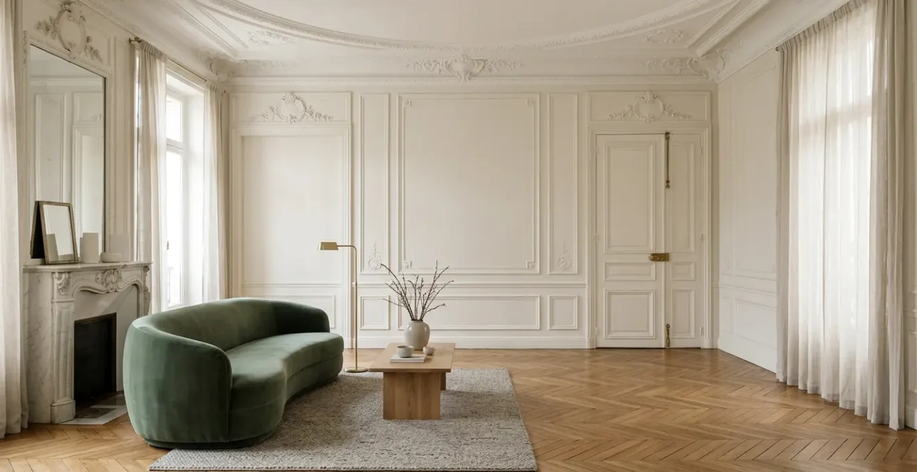 Salon néo-classique contemporain avec moulures blanches et mobilier design