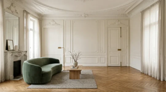 Salon néo-classique contemporain avec moulures blanches et mobilier design