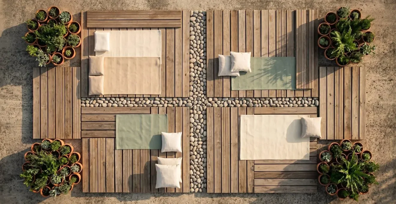 Schéma d'aménagement d'une terrasse montrant les différentes zones de vie et les passages de circulation
