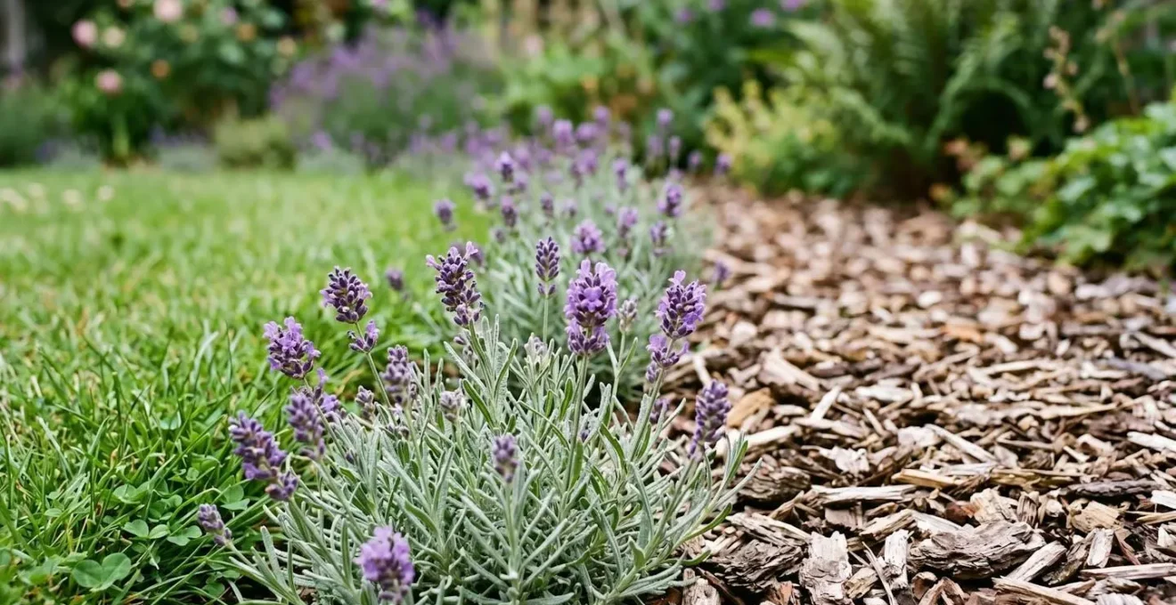 Gros plan sur une transition naturelle entre deux zones de jardin montrant trois arbustes de lavande et un changement de revetement de sol