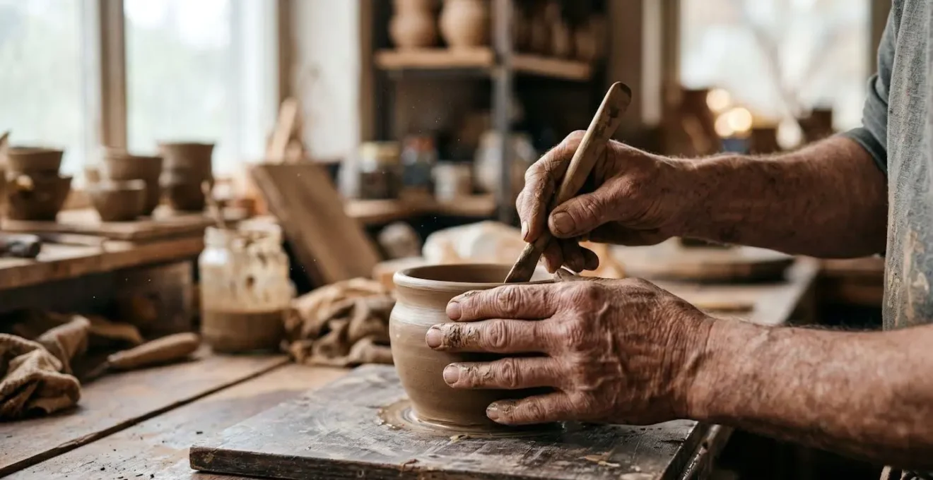 Plan moyen d'une main d'artisan travaillant une matière naturelle brute illustrant le savoir-faire authentique et la création locale