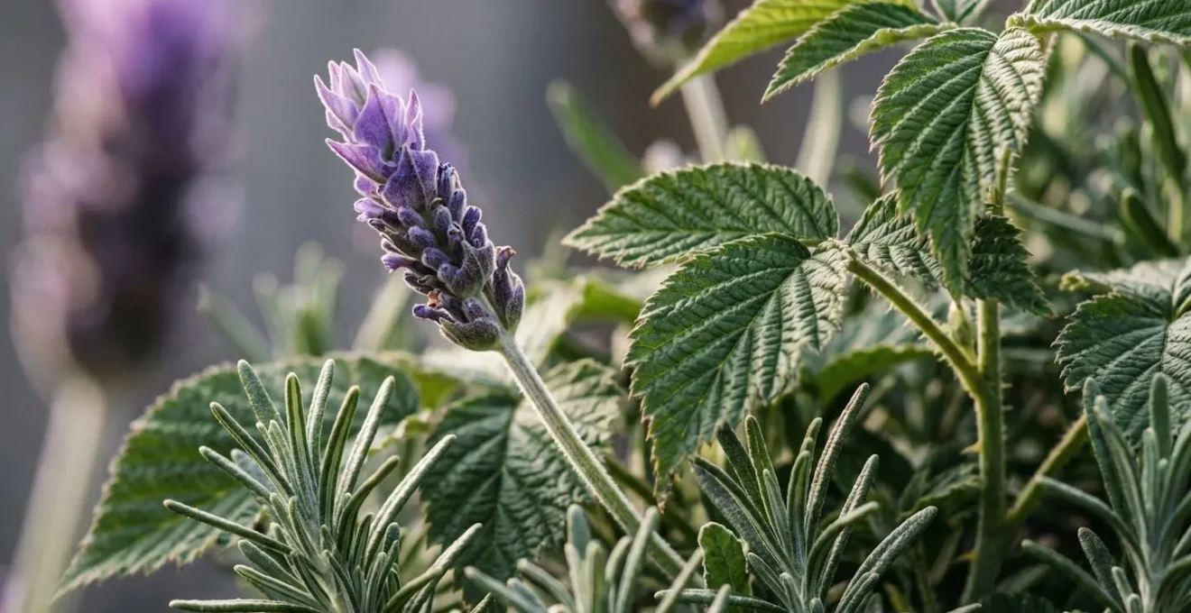 Détail de plantes aromatiques et comestibles formant une bordure naturelle basse autour d'une zone de jeux