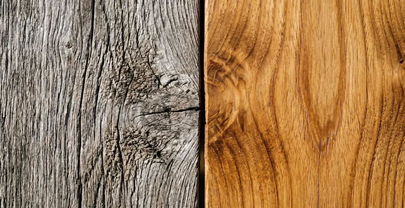 Contraste visuel entre bois exotique patiné gris argenté et bois traité couleur miel