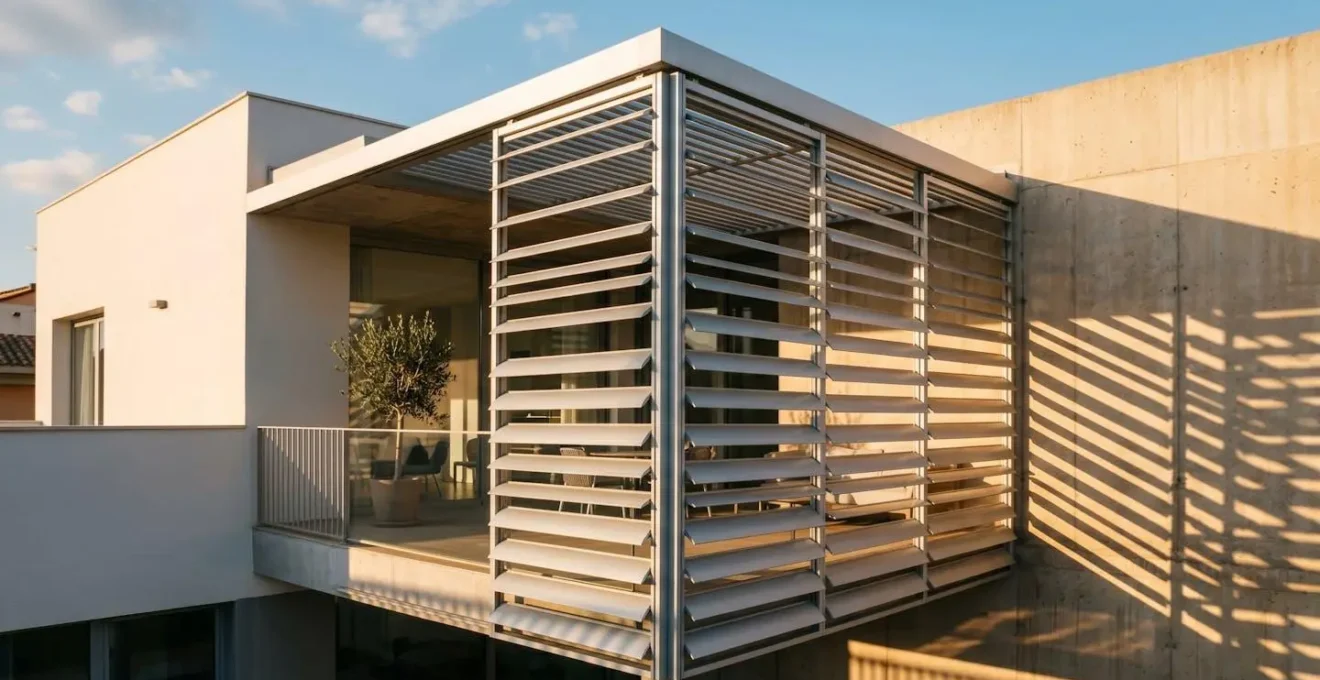 Brise-soleil orientable à lames réglables protégeant une grande baie vitrée de la chaleur estivale