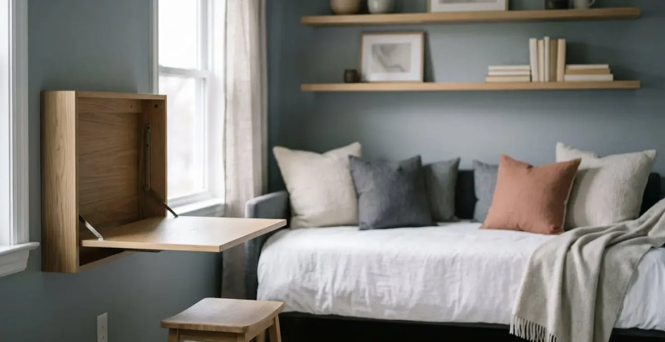 Chambre d'amis aménagée avec mobilier modulable permettant double usage bureau et hébergement