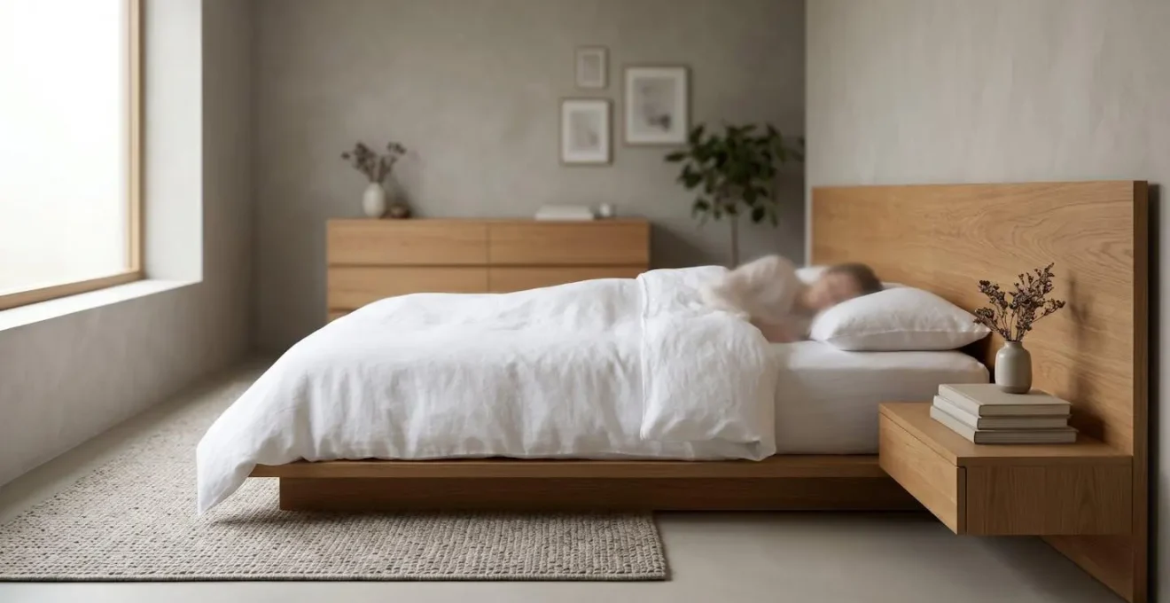 Chambre minimaliste avec mobilier bas et tête de lit large créant un rythme horizontal apaisant