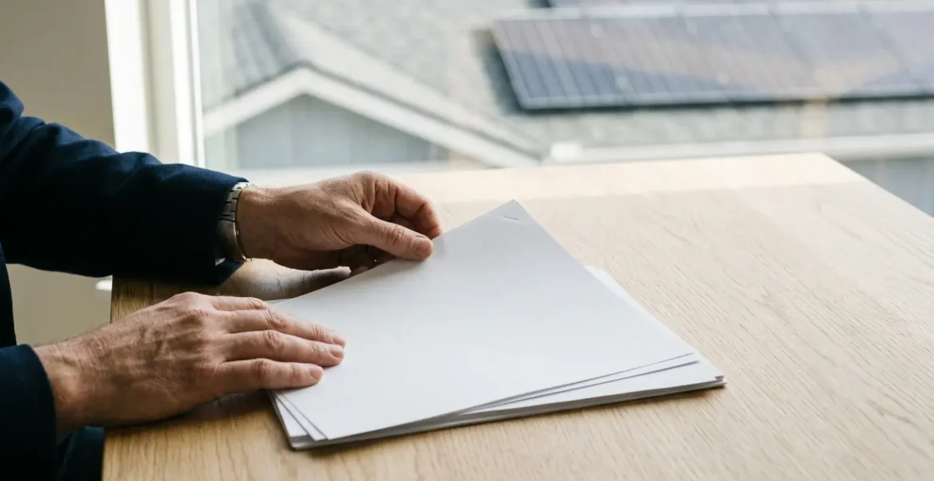 Vue de dessus d'une main posée sur un dossier de documents administratifs avec des panneaux solaires flous en arrière-plan