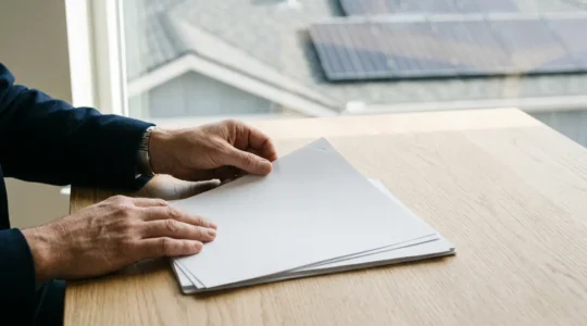 Vue de dessus d'une main posée sur un dossier de documents administratifs avec des panneaux solaires flous en arrière-plan