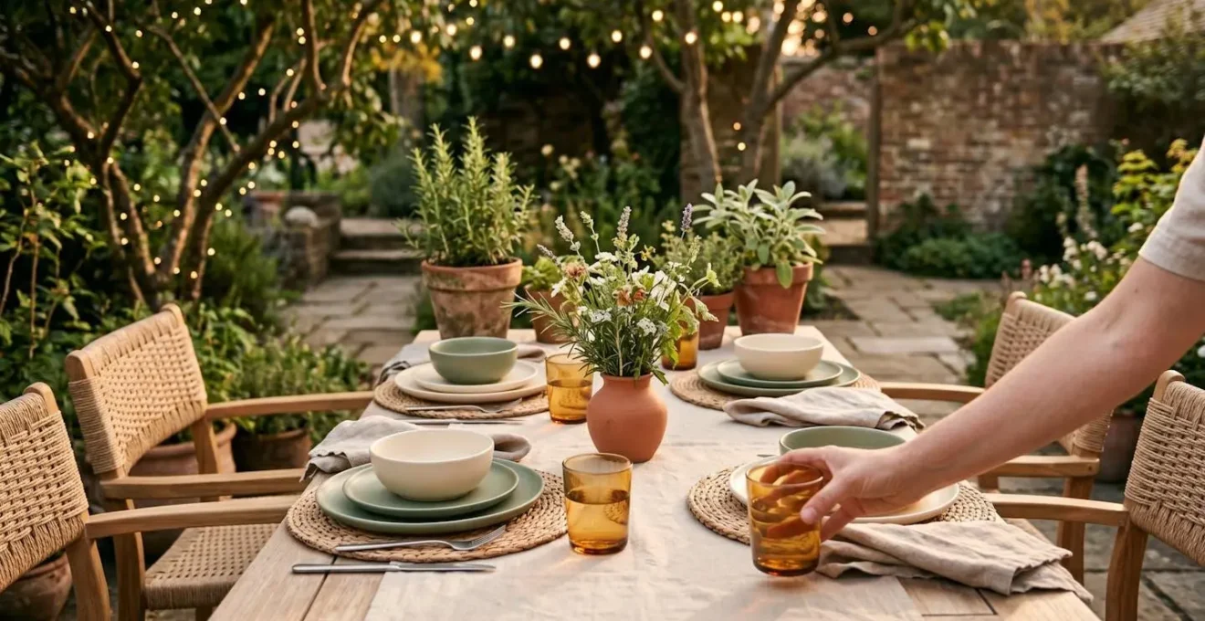 Coin repas extérieur aménagé avec soin créant une ambiance accueillante pour valoriser un bien immobilier