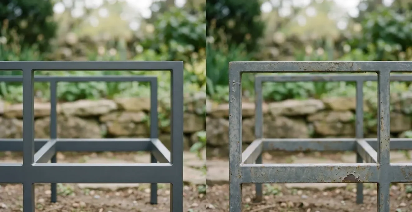 Comparaison visuelle entre une surface en aluminium thermolaqué intact et une surface en acier époxy montrant des signes de corrosion et d'écaillage