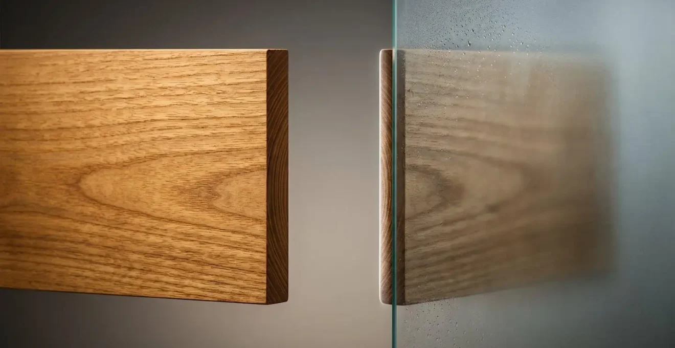 Composition symbolique montrant le contraste entre une surface en bois sèche et une ambiance humide, illustrant le concept de gestion de l'humidité dans les parois