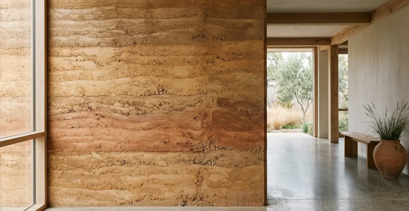 Détail d'un mur en terre crue montrant la texture naturelle et les couches de matériau pour la régulation thermique passive