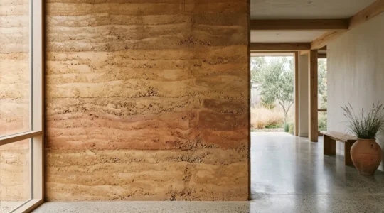 Détail d'un mur en terre crue montrant la texture naturelle et les couches de matériau pour la régulation thermique passive