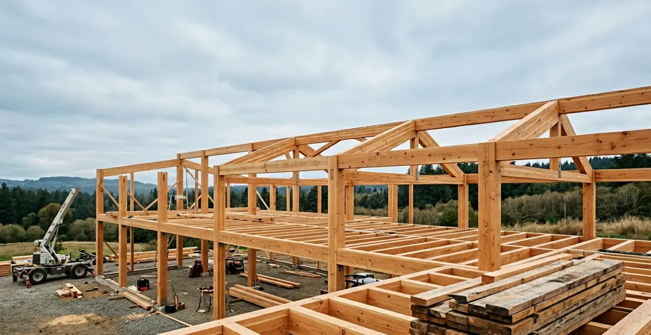 Détail d'une structure en bois massif avec texture naturelle visible, montrant les fibres du bois dans un environnement de chantier de construction