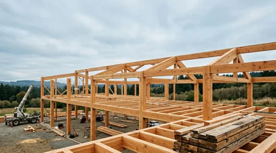 Détail d'une structure en bois massif avec texture naturelle visible, montrant les fibres du bois dans un environnement de chantier de construction