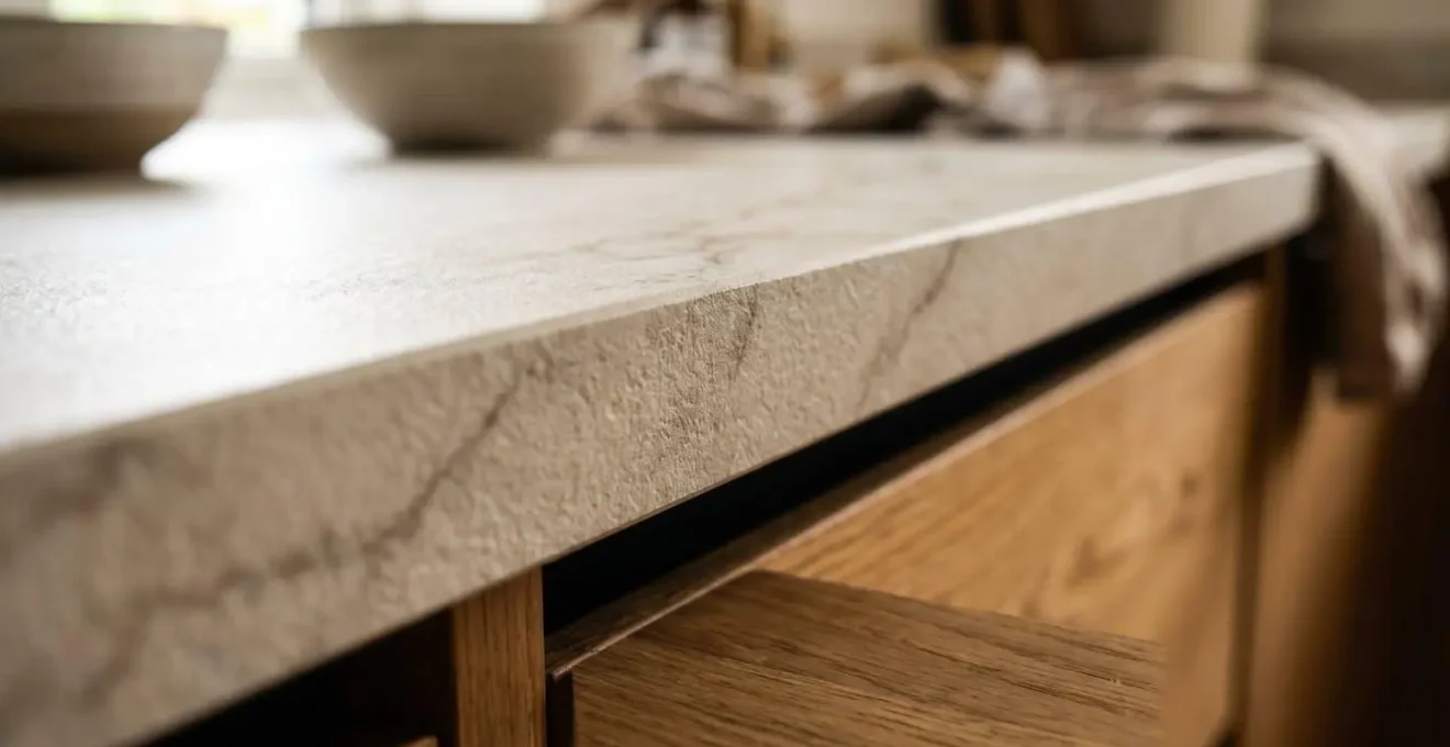 Détail macro de surfaces de cuisine en matériaux durables et faciles d'entretien
