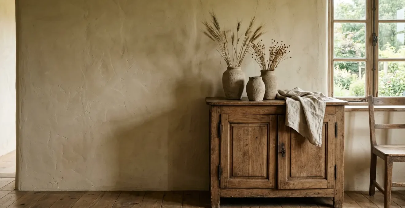 Un intérieur chaleureux mêlant objets anciens patinés et matériaux naturels bruts dans une lumière douce