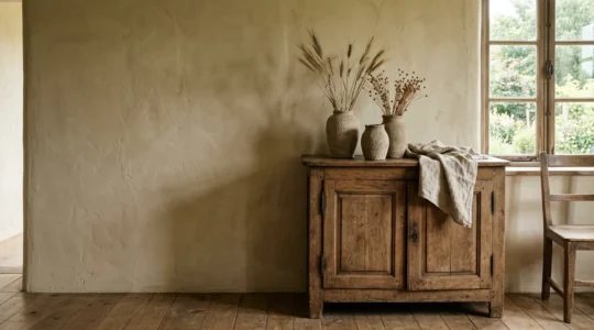 Un intérieur chaleureux mêlant objets anciens patinés et matériaux naturels bruts dans une lumière douce