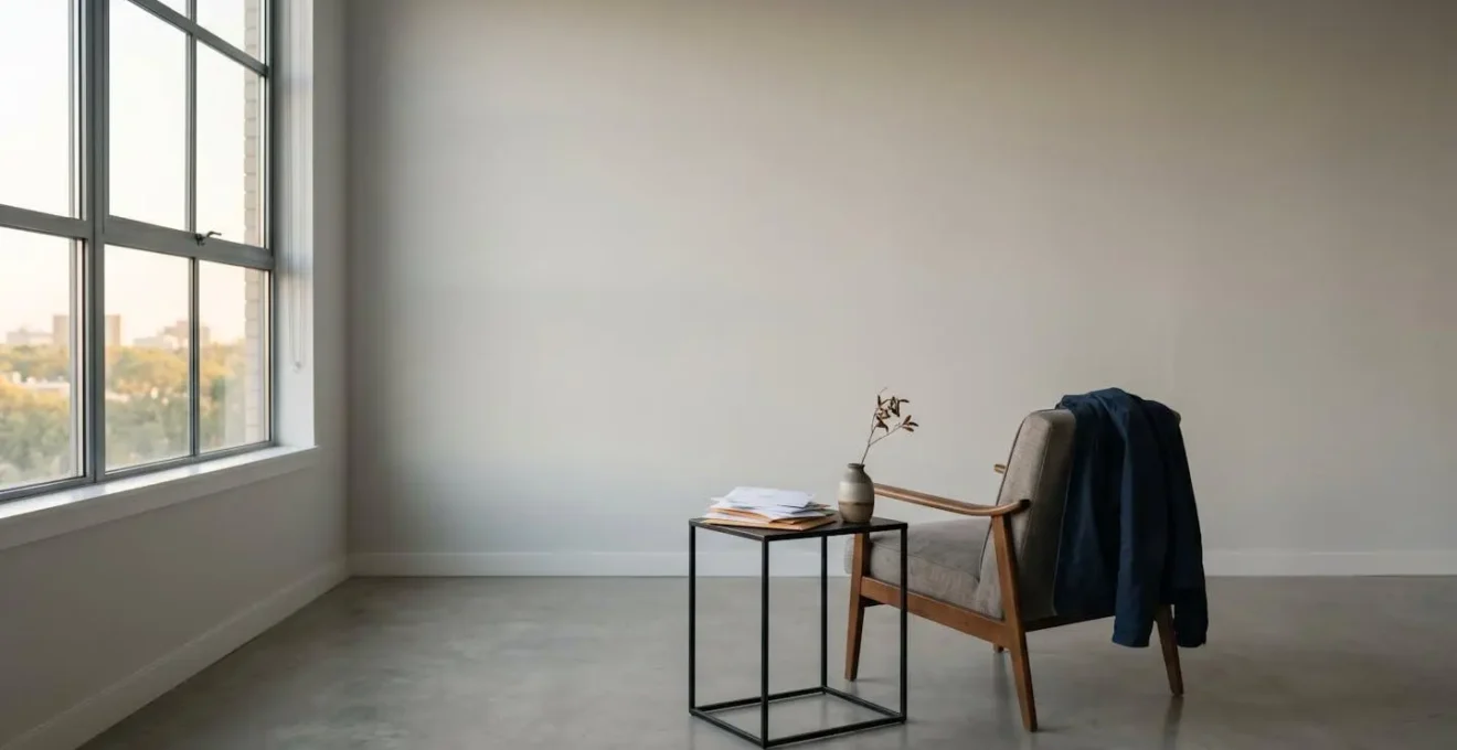 Vue d'ensemble minimaliste d'un intérieur épuré où quelques objets déplacés suggèrent subtilement une déconnexion entre l'habitant et son espace