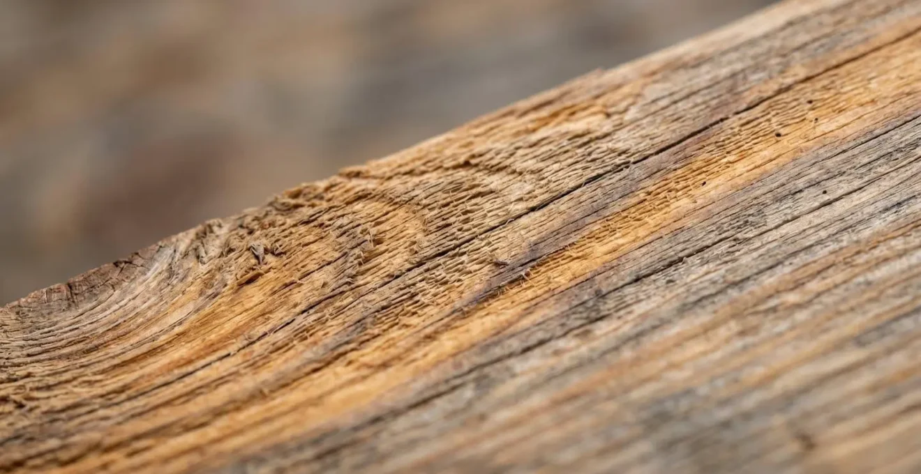 Détail macro de la texture d'un bois de pin traité montrant les variations de couleur et l'impact de l'humidité sur les fibres du bois