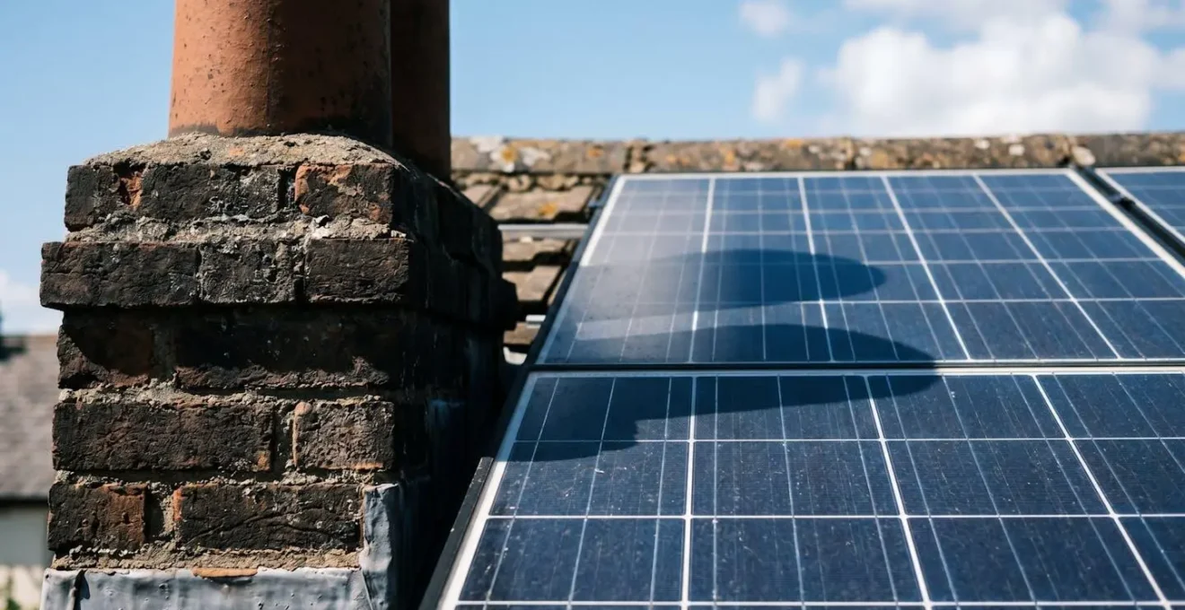 Vue rapprochée d'une cheminée projetant une ombre sur un toit incliné avec panneaux solaires photovoltaïques en contexte résidentiel français