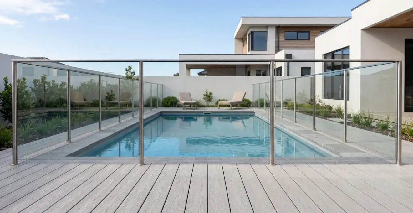 Vue environnementale grand angle d'une piscine familiale sécurisée avec barrière de protection et système d'ombrage