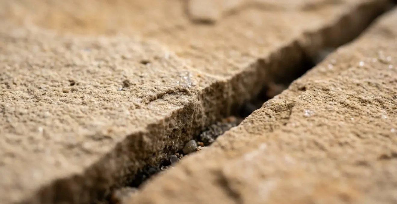 Vue macro détaillée d'une jonction entre deux dalles de pierre naturelle montrant le joint perméable et le système de drainage sous-jacent