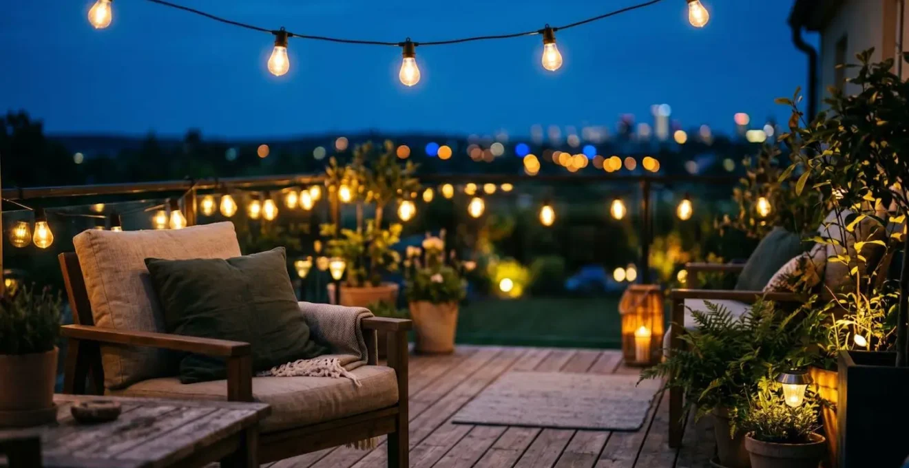 Terrasse extérieure éclairée à la tombée de la nuit avec différents niveaux d'éclairage créant une atmosphère chaleureuse