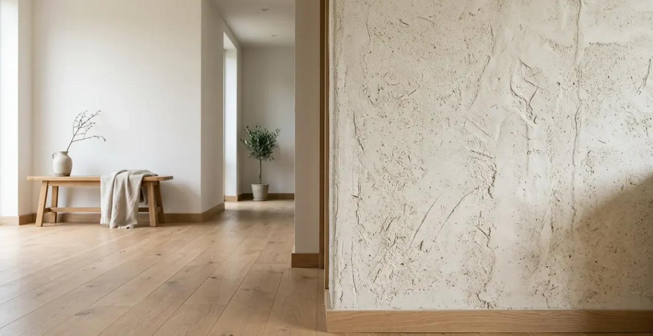 Mur intérieur texturé avec finition chanvre et chaux dans une chambre lumineuse et épurée