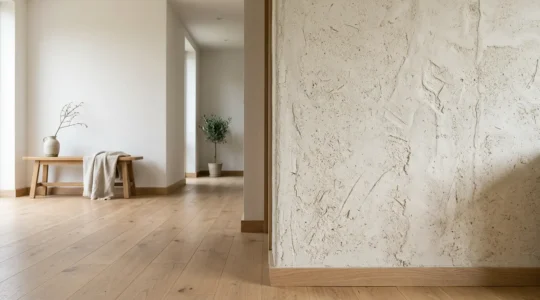 Mur intérieur texturé avec finition chanvre et chaux dans une chambre lumineuse et épurée