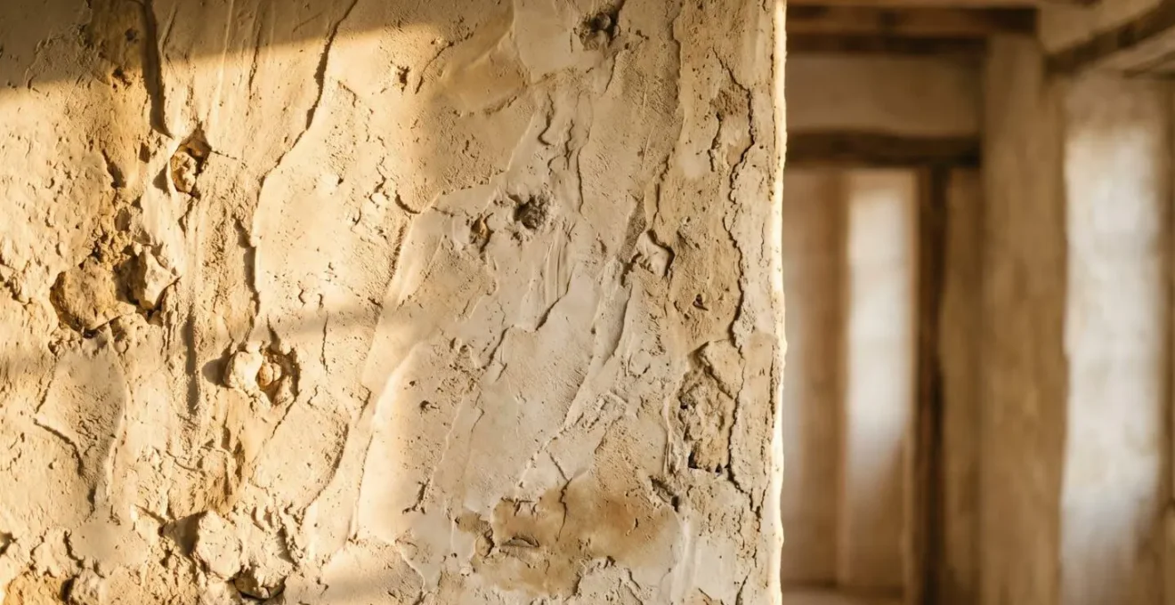 Mur en enduit à la chaux texturé capturant la lumière naturelle rasante et créant des jeux d'ombres subtils