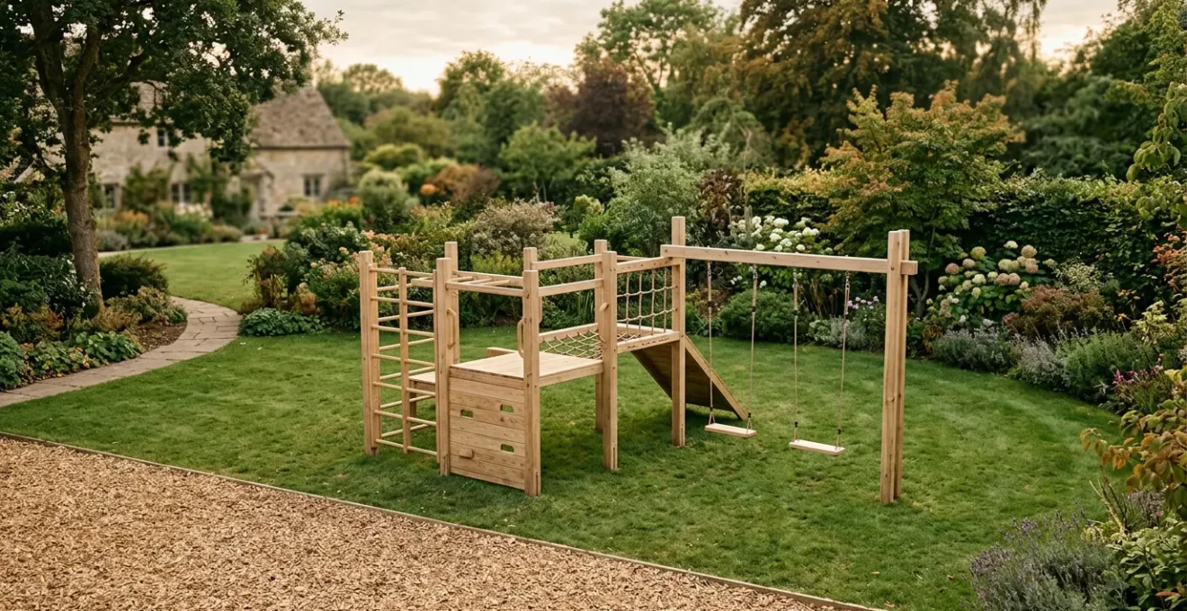 Espace de jeux extérieur dans un jardin familial avec équipements évolutifs pour enfants