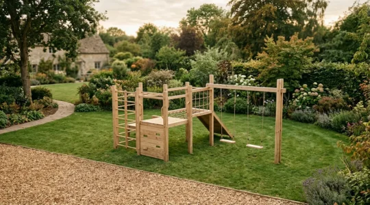 Espace de jeux extérieur dans un jardin familial avec équipements évolutifs pour enfants
