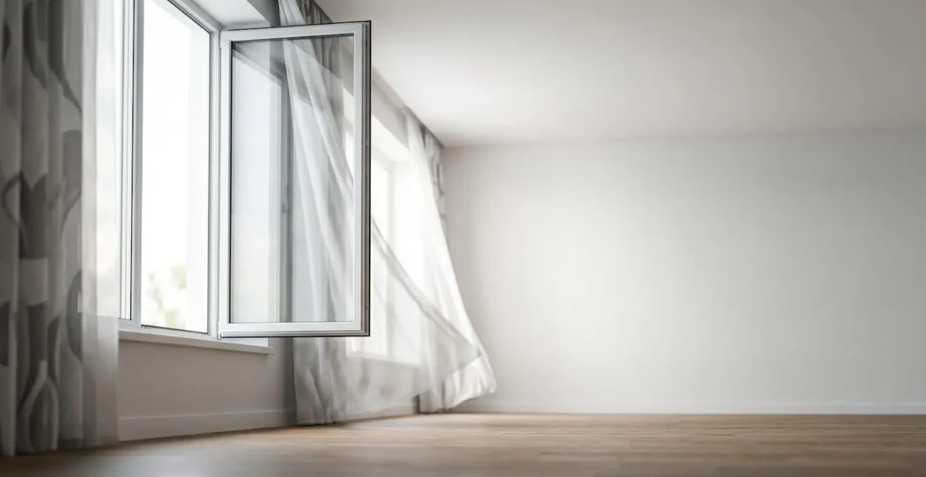 Vue large et minimaliste d'une pièce avec fenêtre grande ouverte créant un courant d'air naturel, ambiance lumineuse et épurée