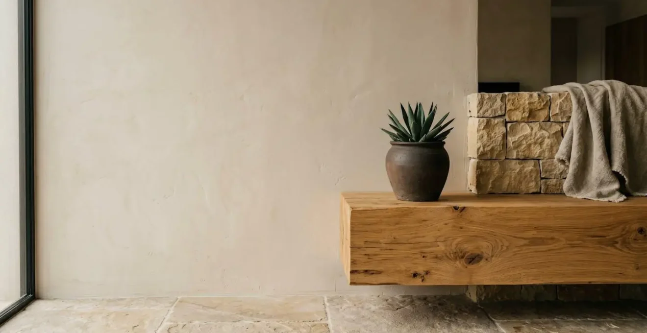 Texture naturelle de matériaux bruts sublimée par la lumière dans un intérieur contemporain